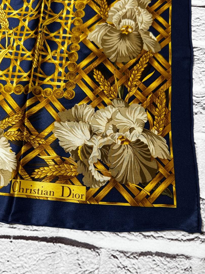 良品 Dior スカーフ 紺・黄 w3325-1209-⑧-⑥