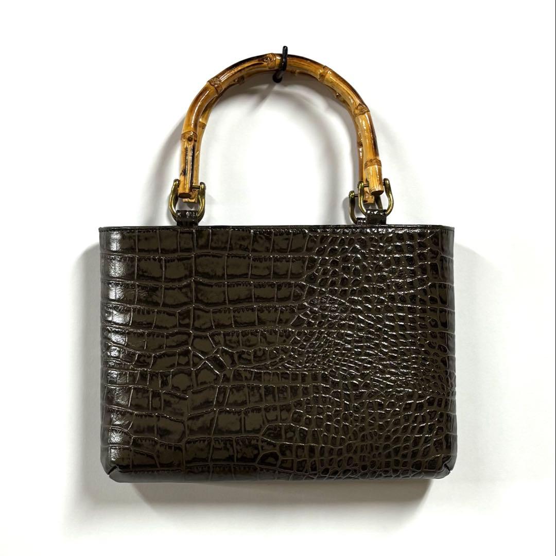 牛革クロコ型押しバンブー手提げ 横型 小 鼠色 ◇ 神輿祭り竹手バッグ