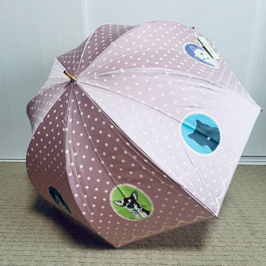 【未使用】LADUREE　ラデュレ　長傘　雨傘 ドット フレンチブルドッグ Dieffe Kinloch×HANWAY＞雨長傘 フレンチ
