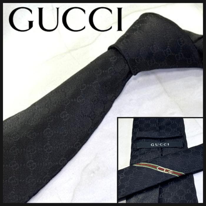 ☆即発 GUCCI ネクタイ GG柄 オールブラック 黒 ジャガード 伊製 美品 GUCCI (グッチ) シルク100％ ダミエジャガード 総柄 ネクタイ
