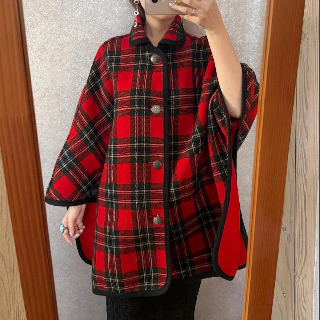 ヴィンテージ レトロ古着 タータンチェック柄リバーシブルケープコート