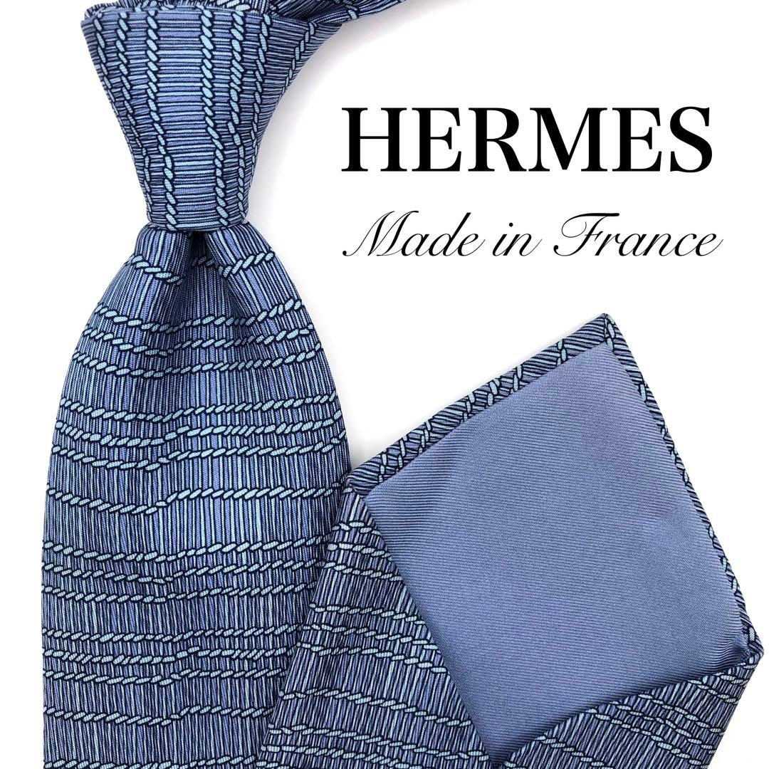 美品】HERMES エルメス ネクタイ ストライプ 幾何学 ブルーグレー 灰