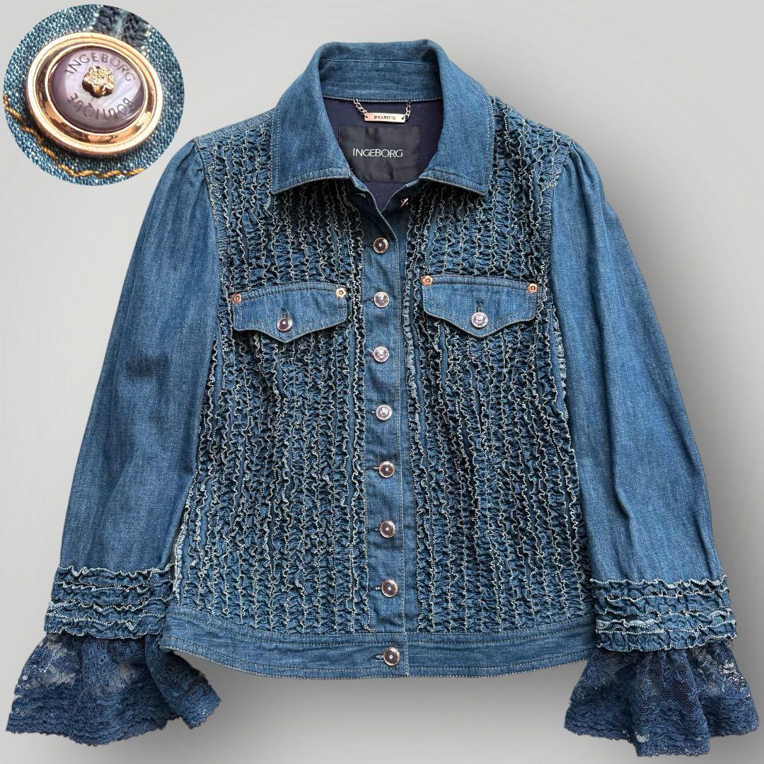 美品☆INGEBORG デニムジャケット 2way フリル レース Lサイズ相当