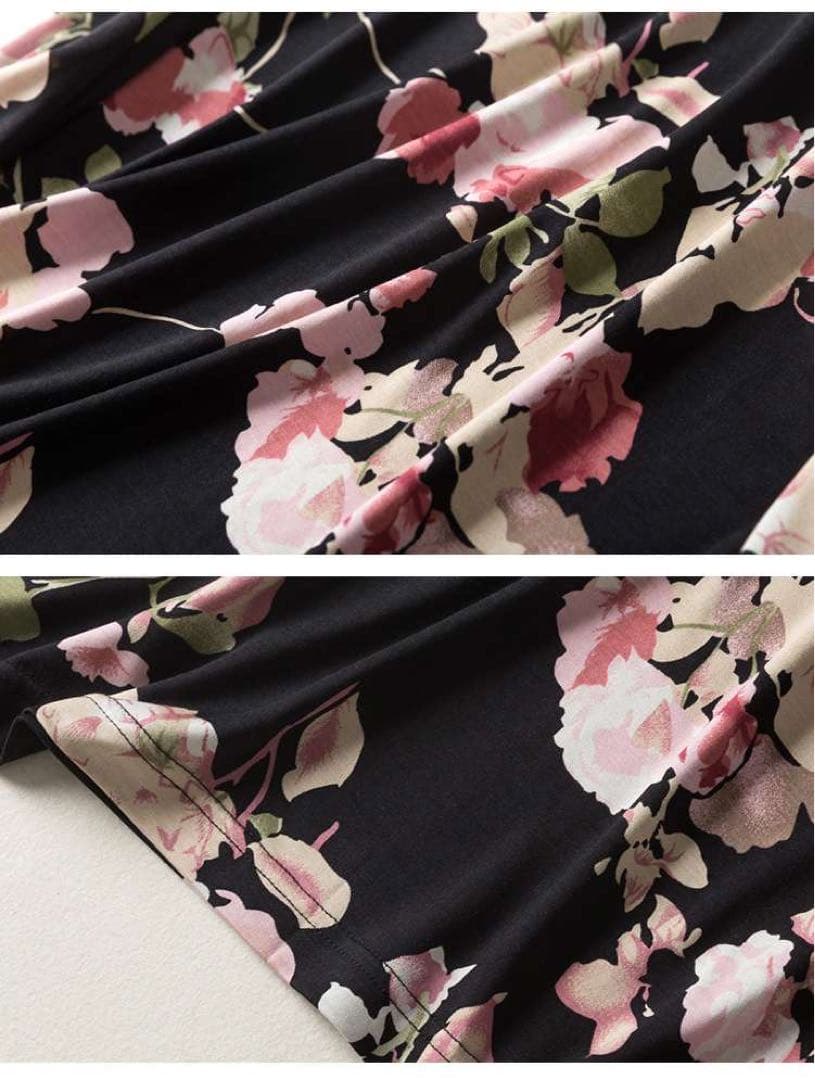 シルク100%絹 美肌保湿 丸首 長袖パジャマ 上下セット F 花柄黒 - メルカリ