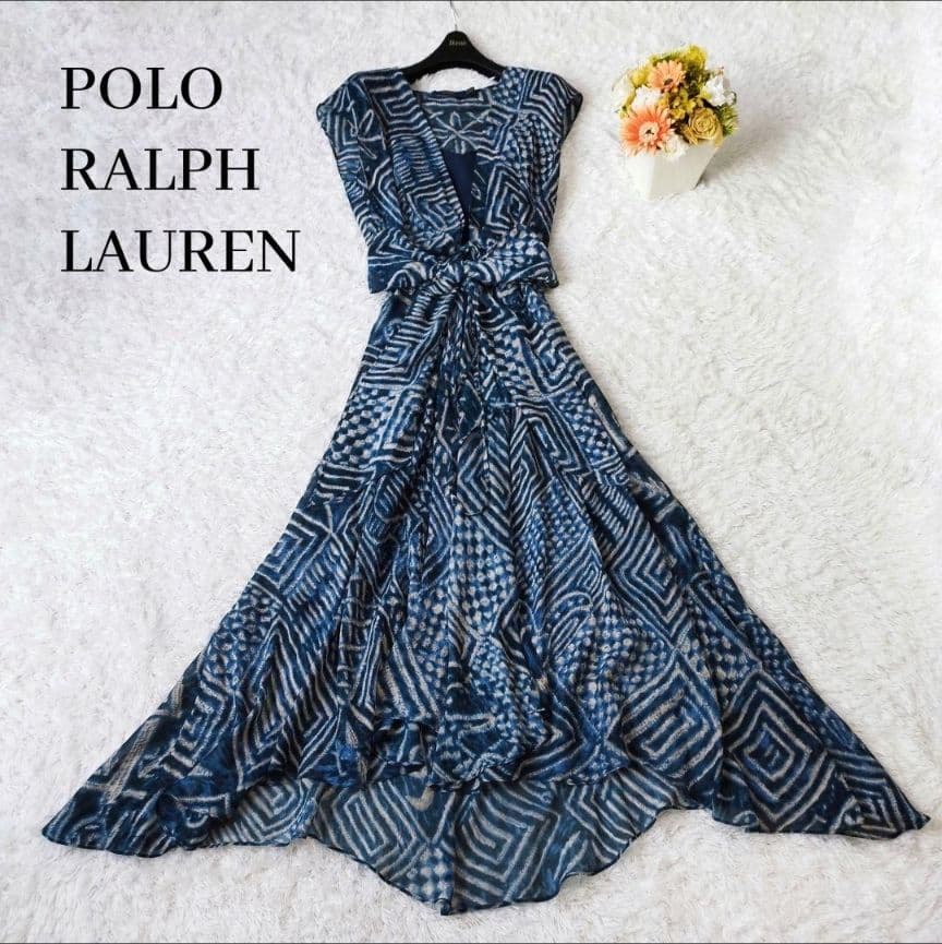 美品 ポロラルフローレン　ワンピース　マキシ丈　シルク100　リボン　総柄　M RALPH LAUREN ラルフローレン【美品】100％シルク ワンピース M - メルカリ