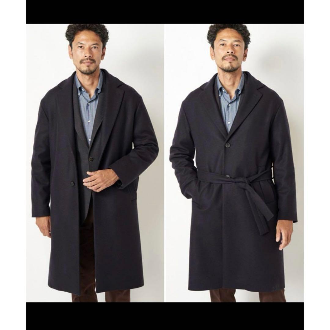 美品 hevo 48 L ネイビー ベルテッドコート 48 メンズビギ別注の通販は