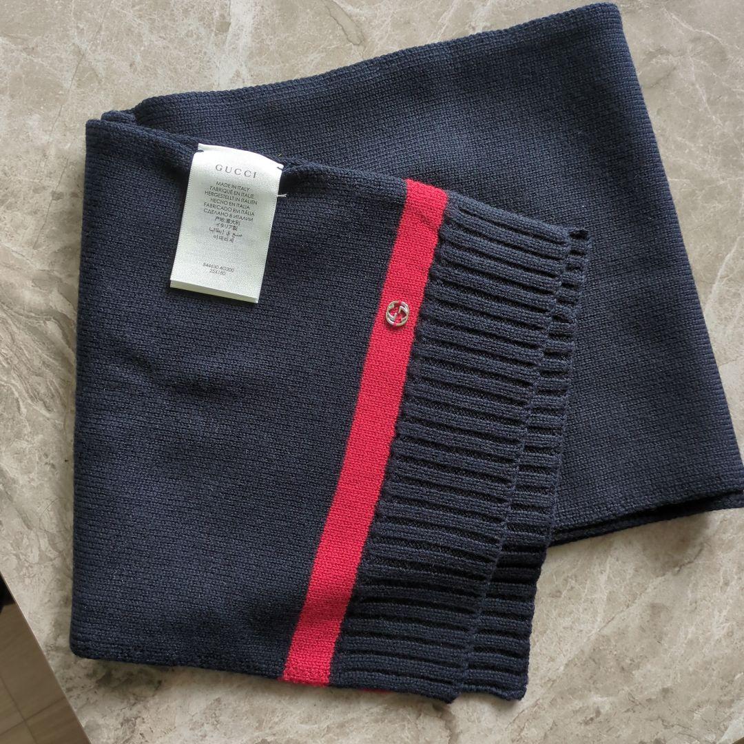 hiroyuki様　美品GUCCI ウールマフラーネイビーレッド　イタリア製 GUCCI（グッチ） 【超美品】グッチ GG柄 メンズ マフラー ネイビー