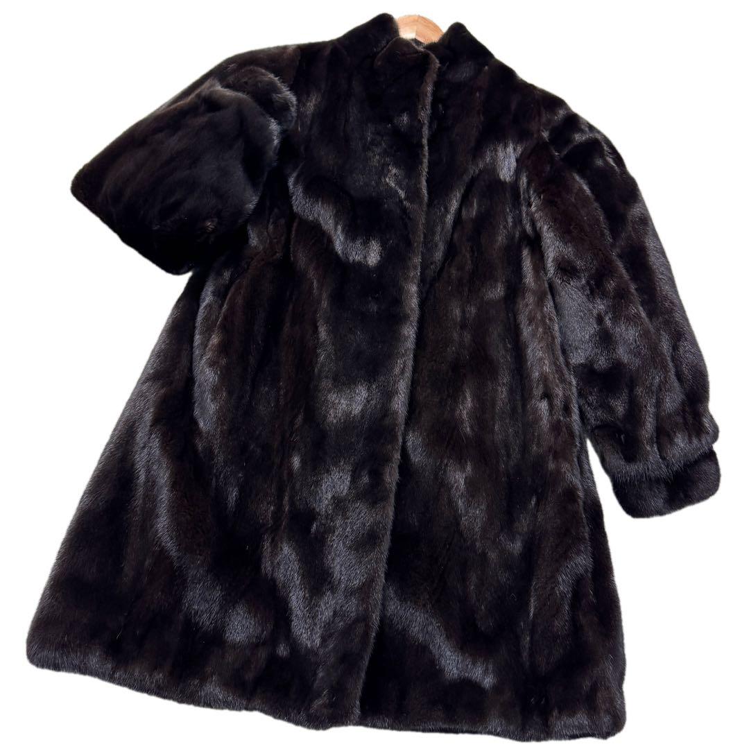美品 総丈92cm ブラックグラマミンク リアルファーコート 艶◎ なめし
