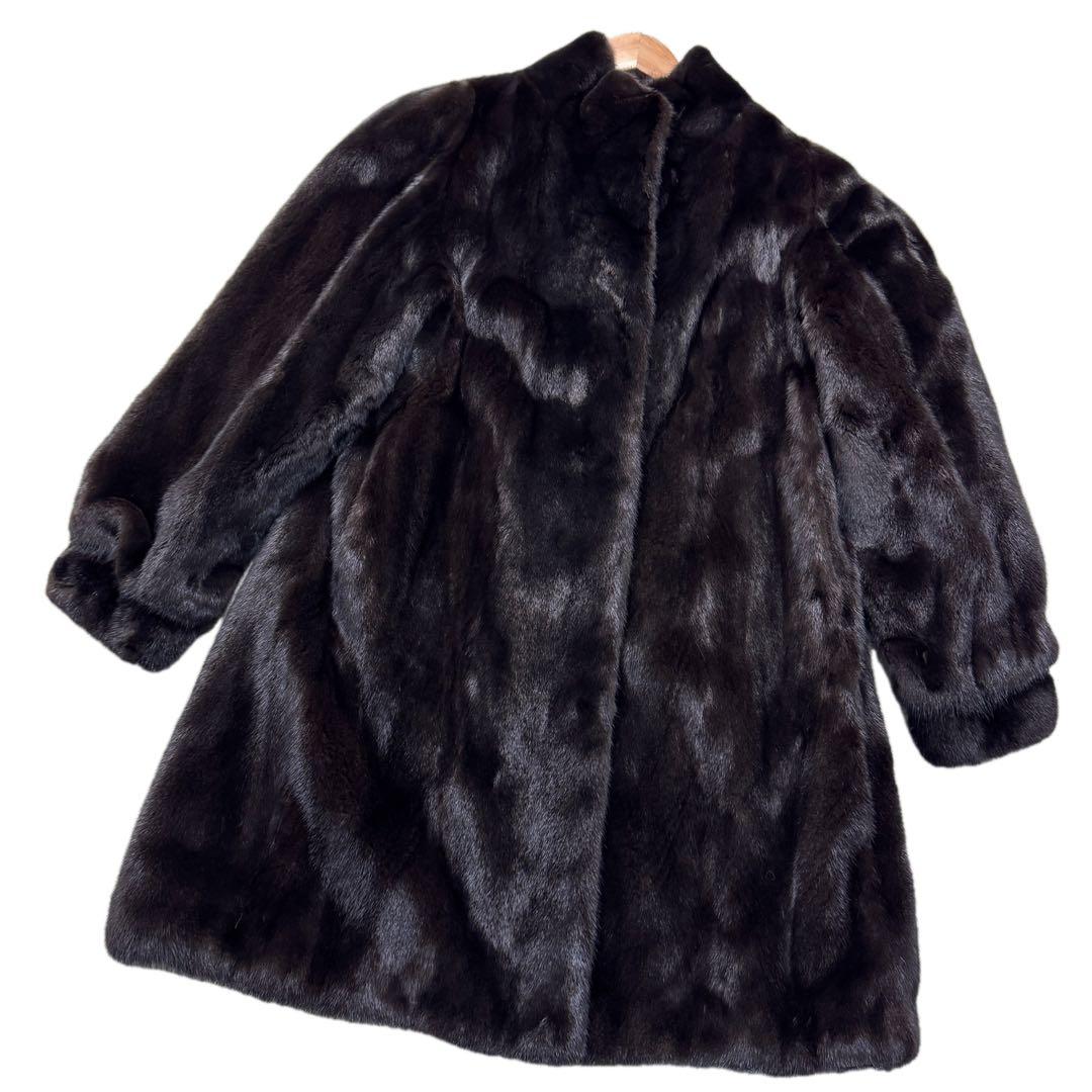 美品 総丈92cm ブラックグラマミンク リアルファーコート 艶◎ なめし