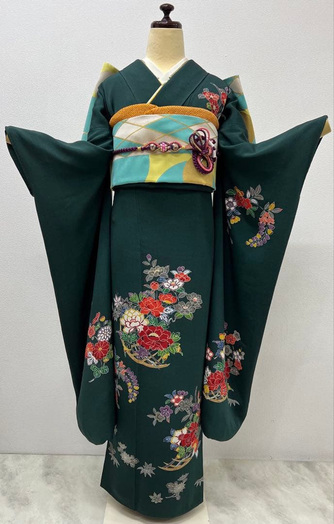振り袖 フルセット 浜ちりめん 別誂長襦袢 深緑 個性的 友禅 成人式