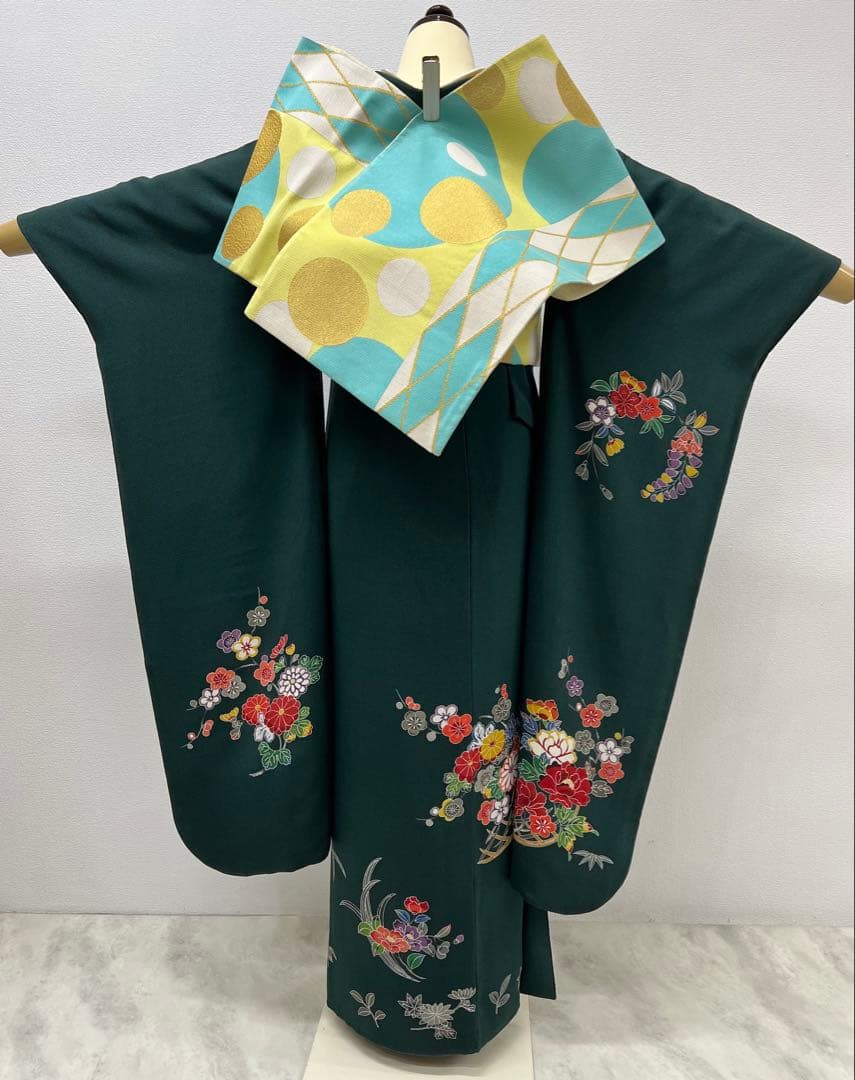 振り袖 フルセット 浜ちりめん 別誂長襦袢 深緑 個性的 友禅 成人式