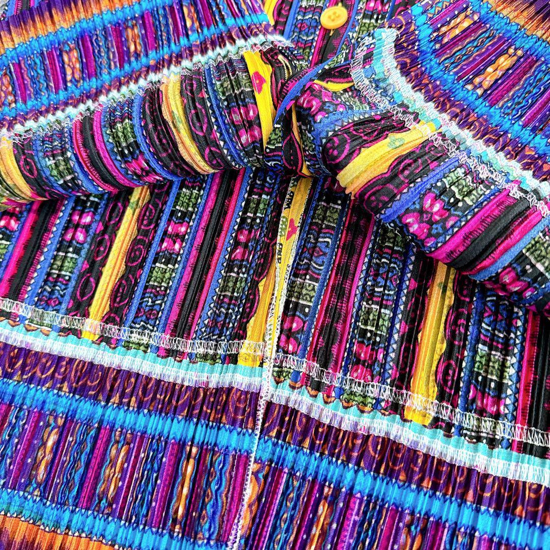 美品 日本製 プリーツプリーズ 半袖シャツ ブラウス マルチカラー y2k