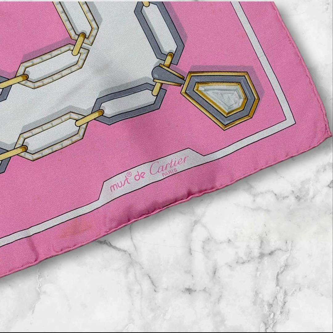 希少 タグ付 カルティエ シルクスカーフ 大判 チェーン柄 ピンク
