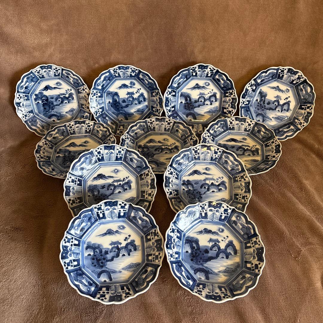 ⬛︎五寸変形皿11枚⬛︎染付手描⬛︎古伊万里⬛︎山水巻物角皿江戸⬛︎有田骨董⬛︎ 伊万里 染付 山水文 大角皿（江戸幕末期）｜30cm×30cm 高さ5cm | 古