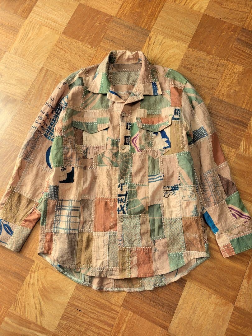 め0127古布リメイク木綿幟旗柿渋染刺し子ジップアップ鳳凰スカジャン