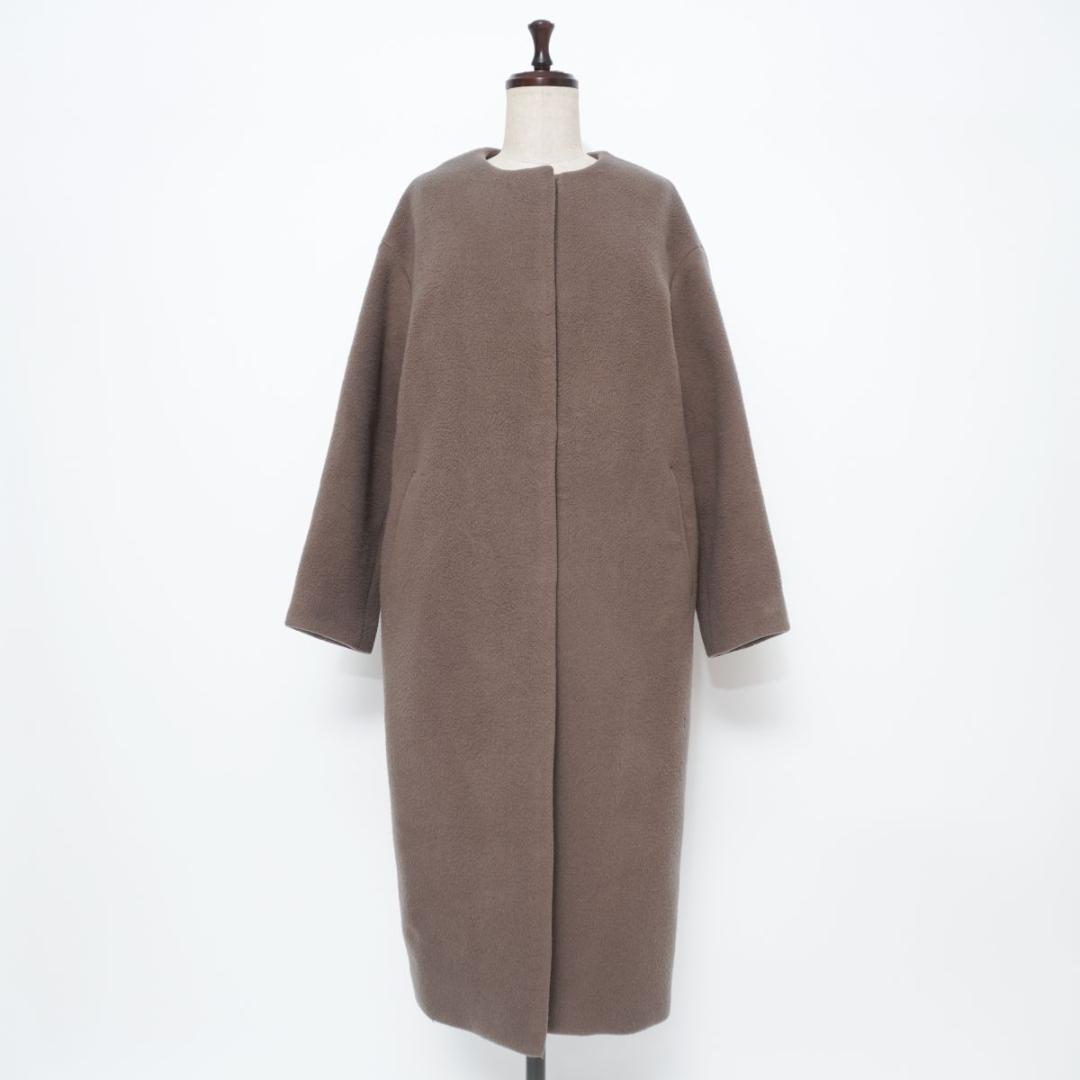 IENA ラムウールノーカラーロングコート 比翼 グレージュ 38*LD184