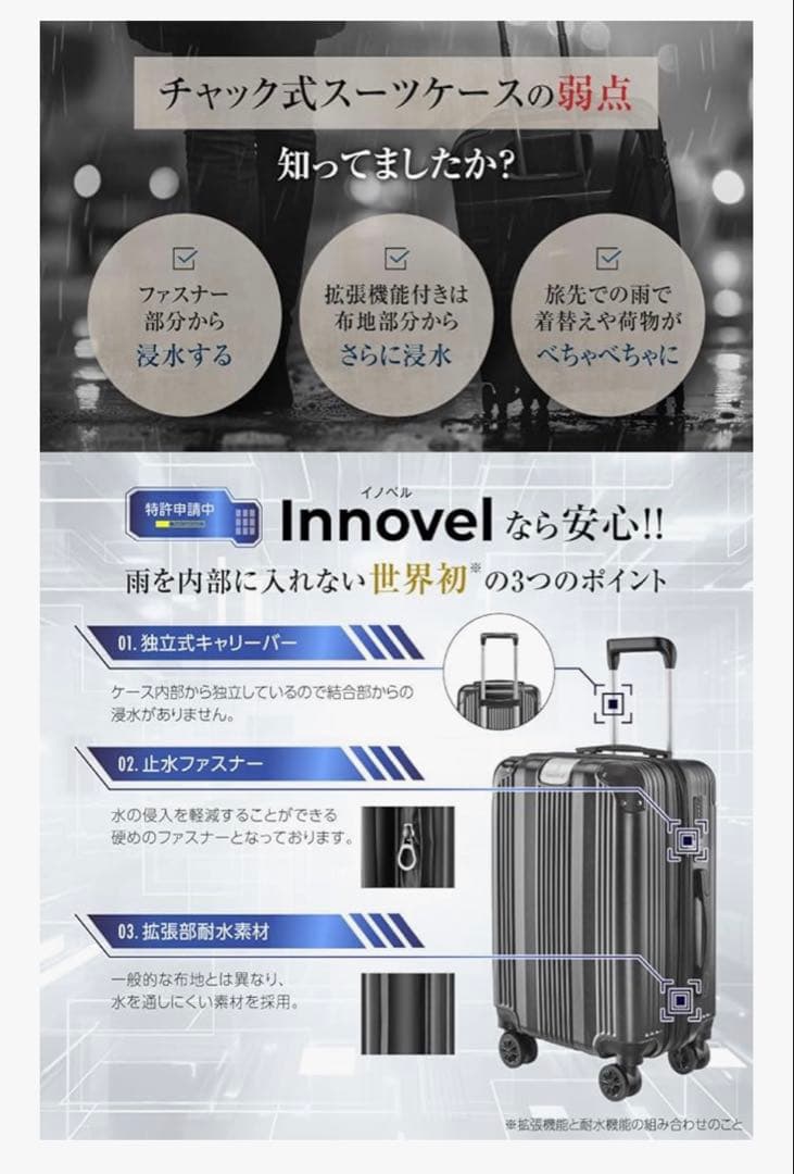 新品】スーツケース Lサイズ 止水ファスナー 拡張機能付き 日本企業
