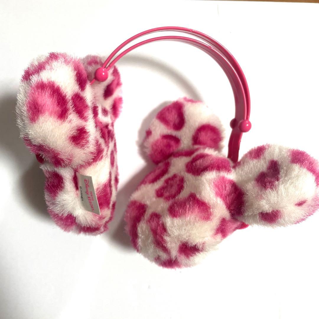 ディズニーリゾート ミニー ピンク・白ヒョウ柄リボン付き耳あて