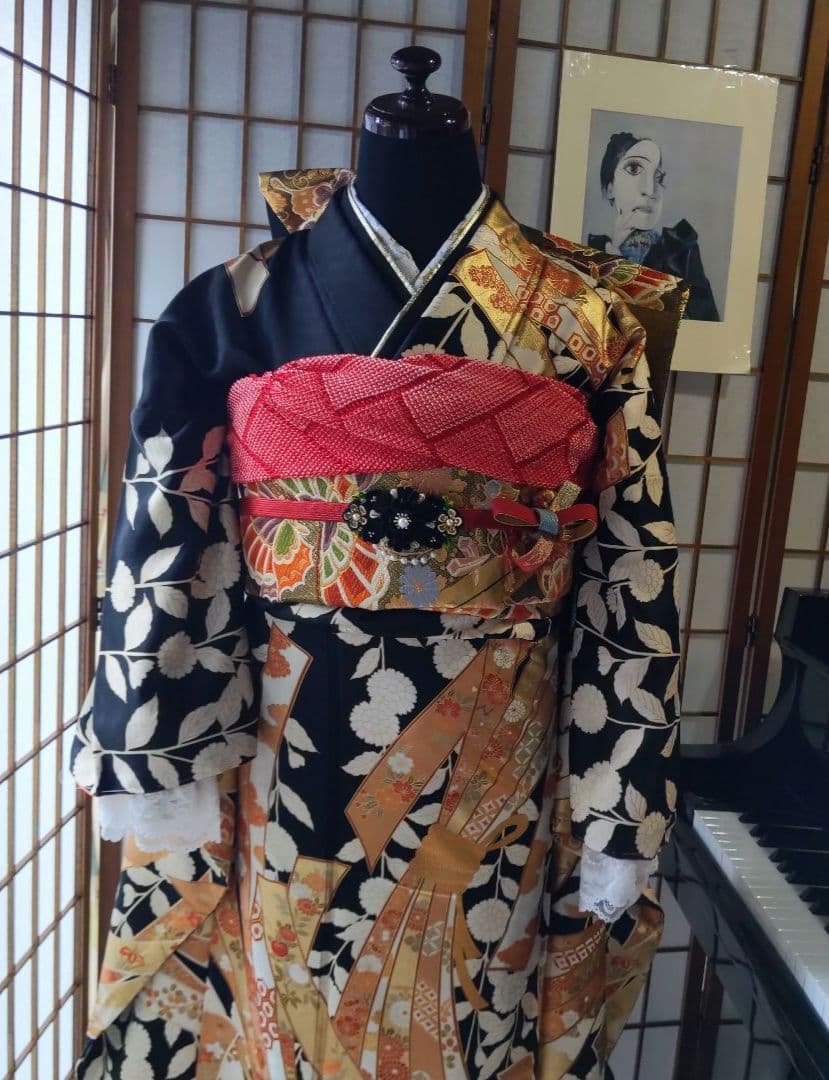 409黒しつけ付 束熨斗 落款 正絹8点振袖フルセット成人卒業結婚式