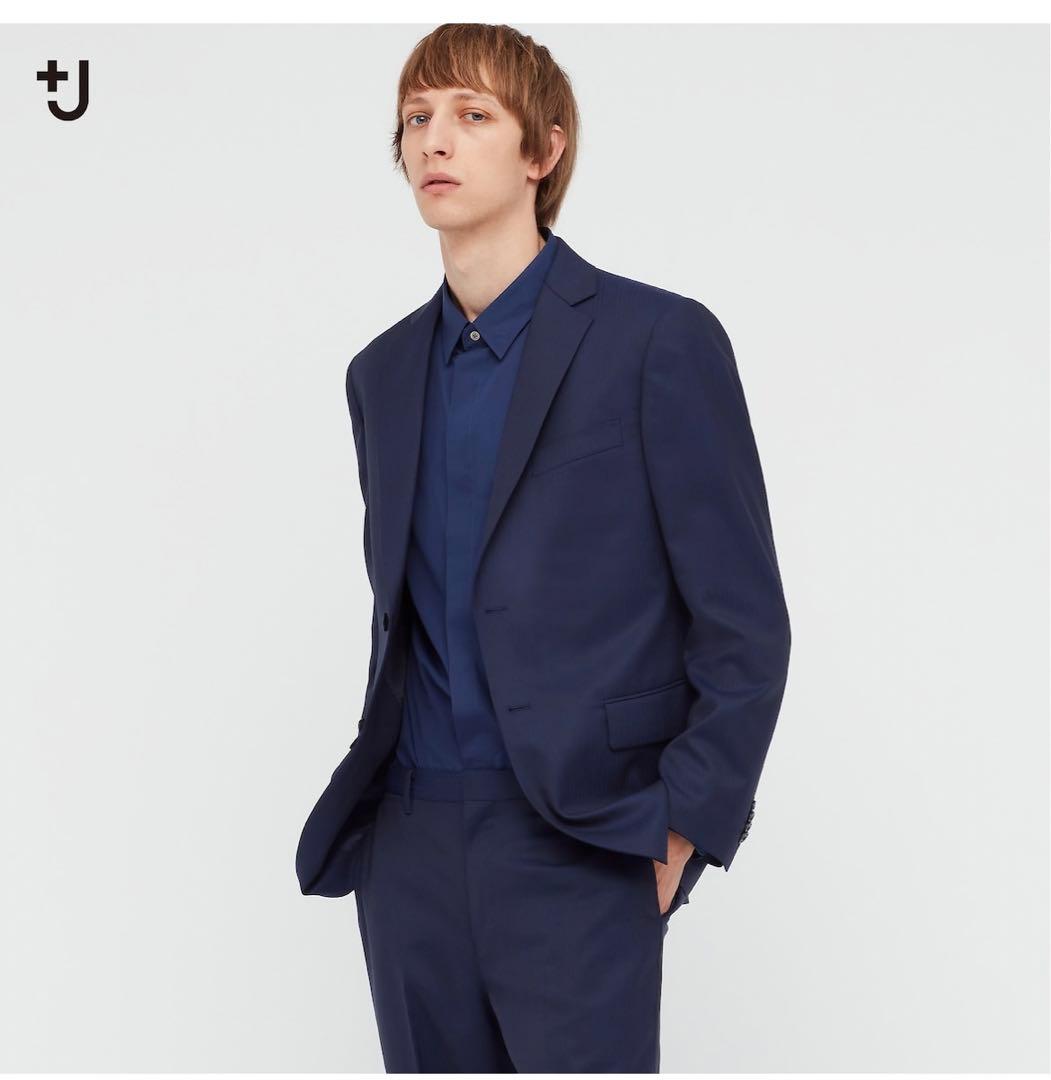 美品】UNIQLO ＋J ウール ストライプ ネイビー スーツセットアップ L