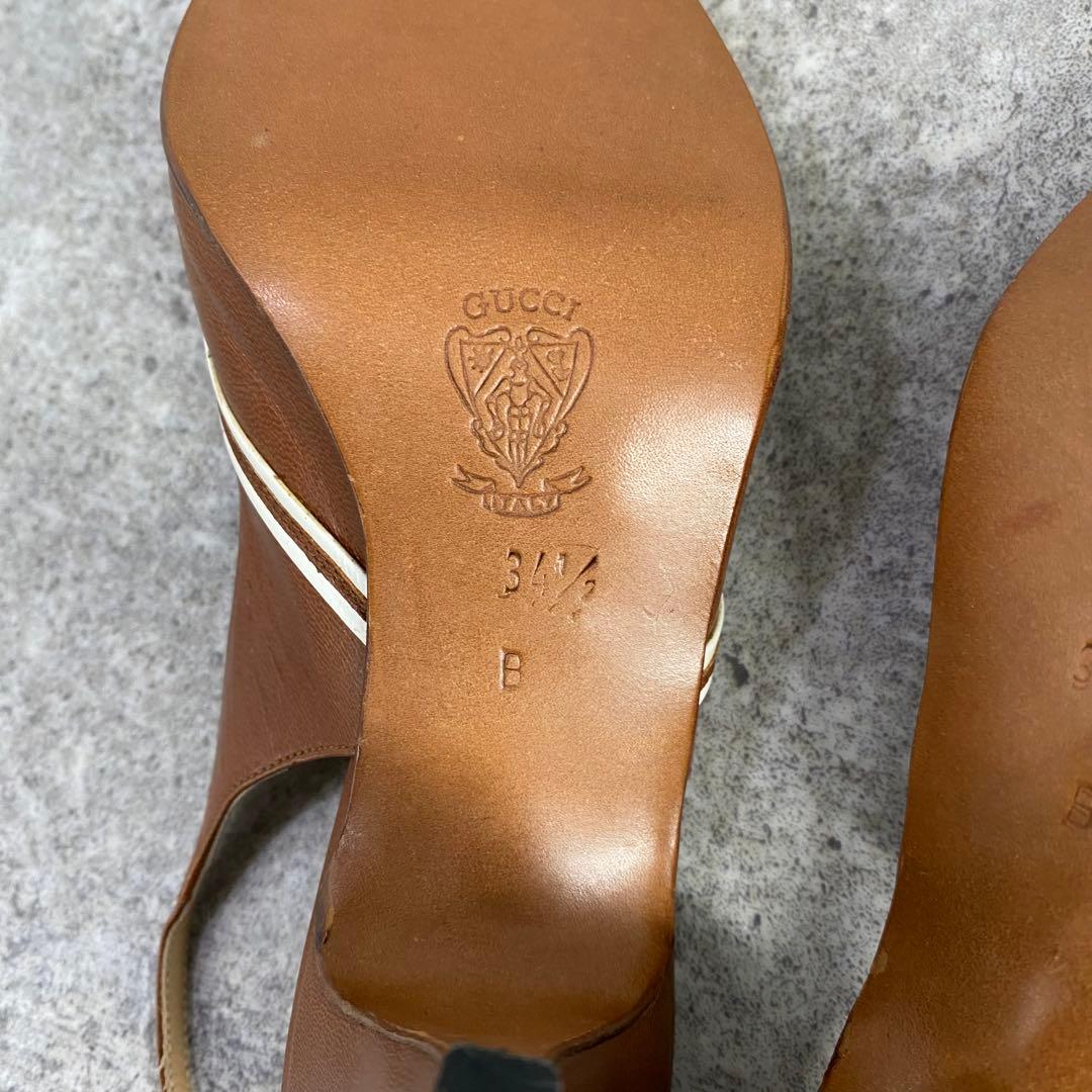 Old Gucci open-toe pumps brown leather - メルカリ