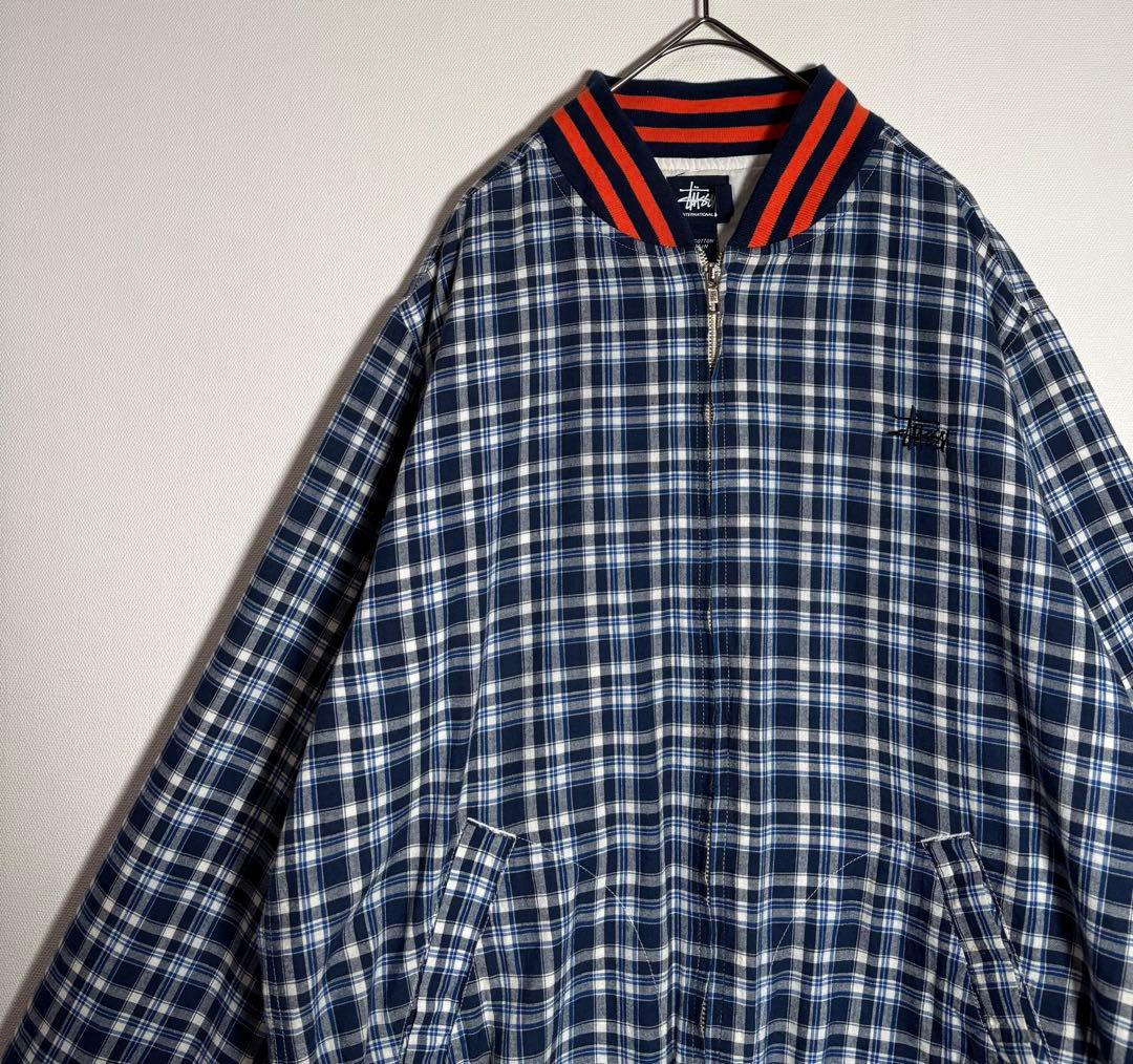 STUSSY ステューシー 刺繍ロゴ チェック柄 リブライン ブルゾン - メルカリ
