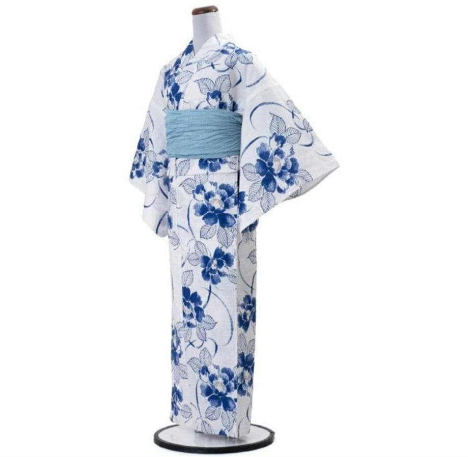 お任せ下駄+お任せ青系半幅帯お任せ帯締めつき◆墨描き鉄線花浴衣◆新 お任せ下駄+お任せ青系半幅帯お任せ帯締めつき◇墨