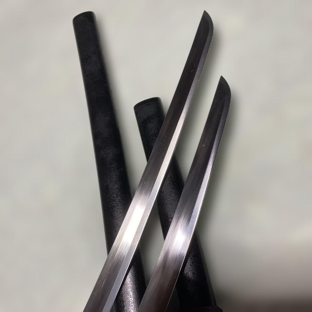 高級模造刀大小２本(刀袋付) 青柄 鶴羽透し丸鍔 黒梨地鞘