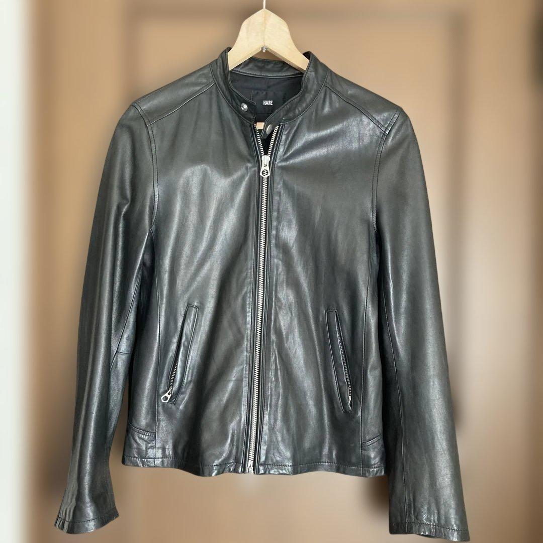 HARE ブラックレザーシングルライダースジャケット M