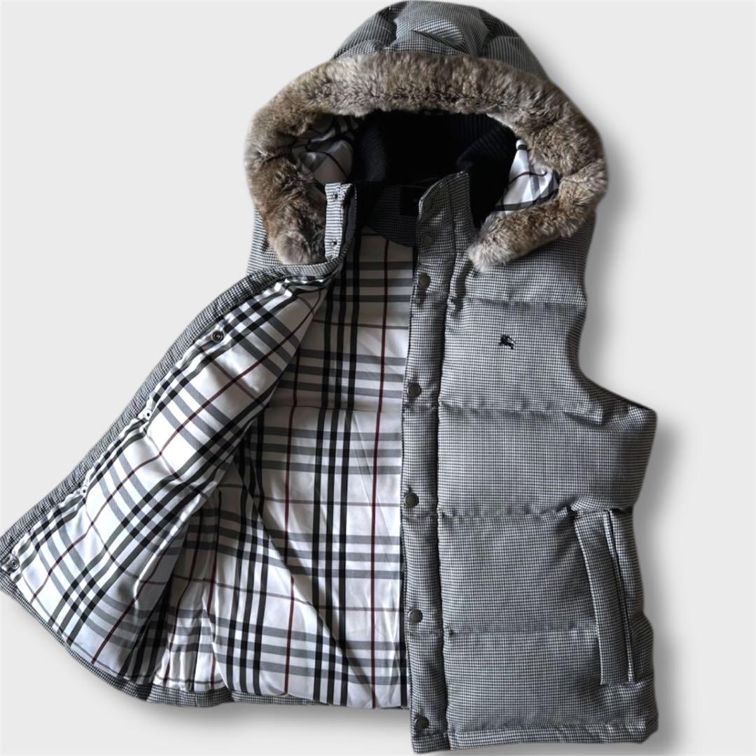 極美品バーバリーブラックレーベル 千鳥 フード ノバ ファー ダウン ベスト 中古・古着通販】BURBERRY BLACK LABEL (バーバリーブラックレーベル