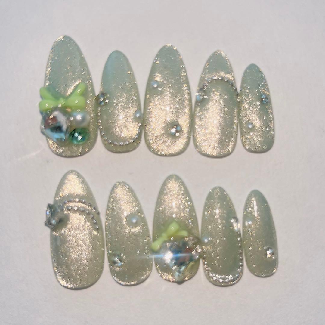 現品】ネイルチップ マグネット グリーン 緑 韓国 ワンホン リボン