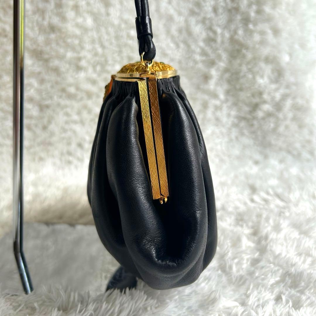 美品】ハマノ ハンドバッグ サンピエトロ がま口 ビジュー ブラック