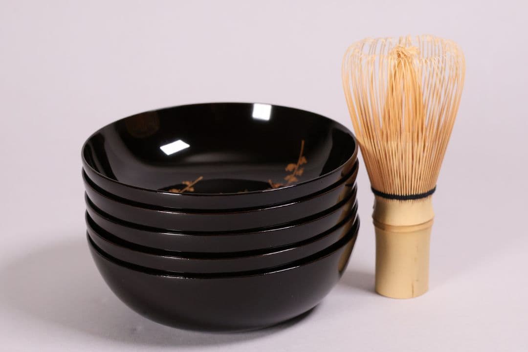 CM232】古い木皿 五客 梅 金蒔絵 黒塗 小皿 菓子皿 木製漆器 大正