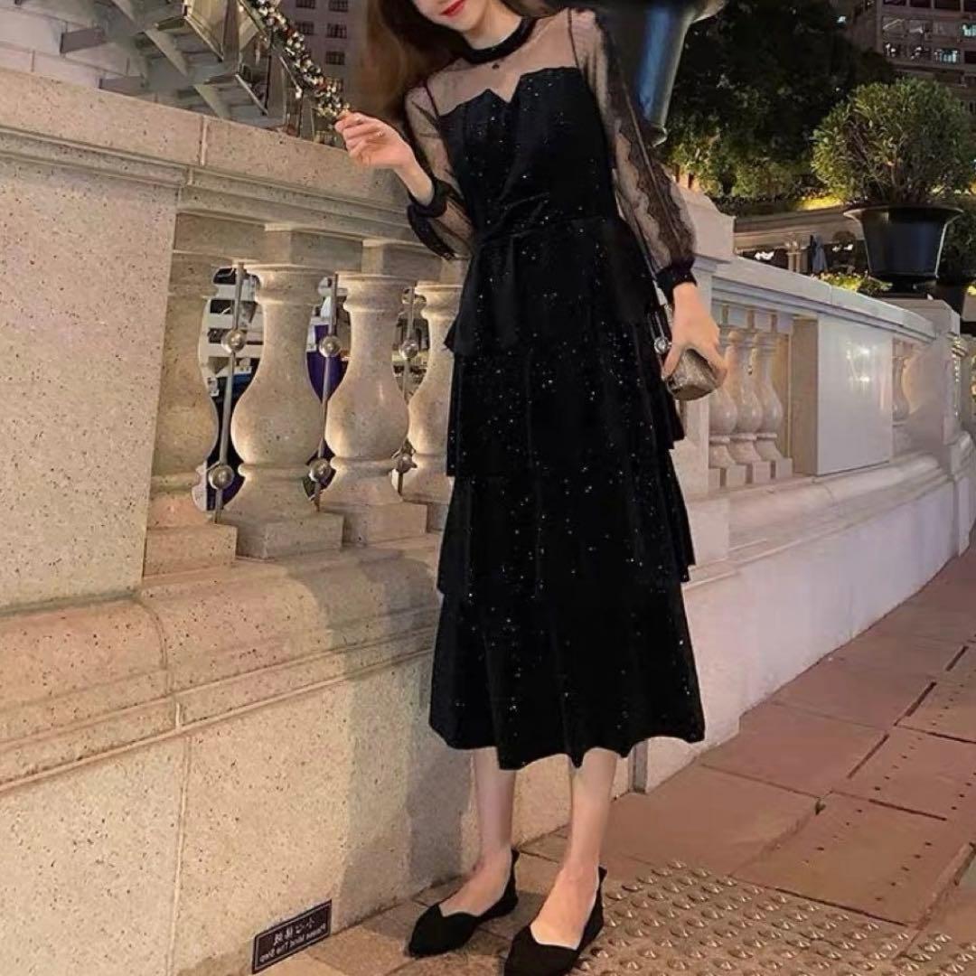 新品 パーティードレス ラメ ロング シアー ブラック ドレス 結婚式