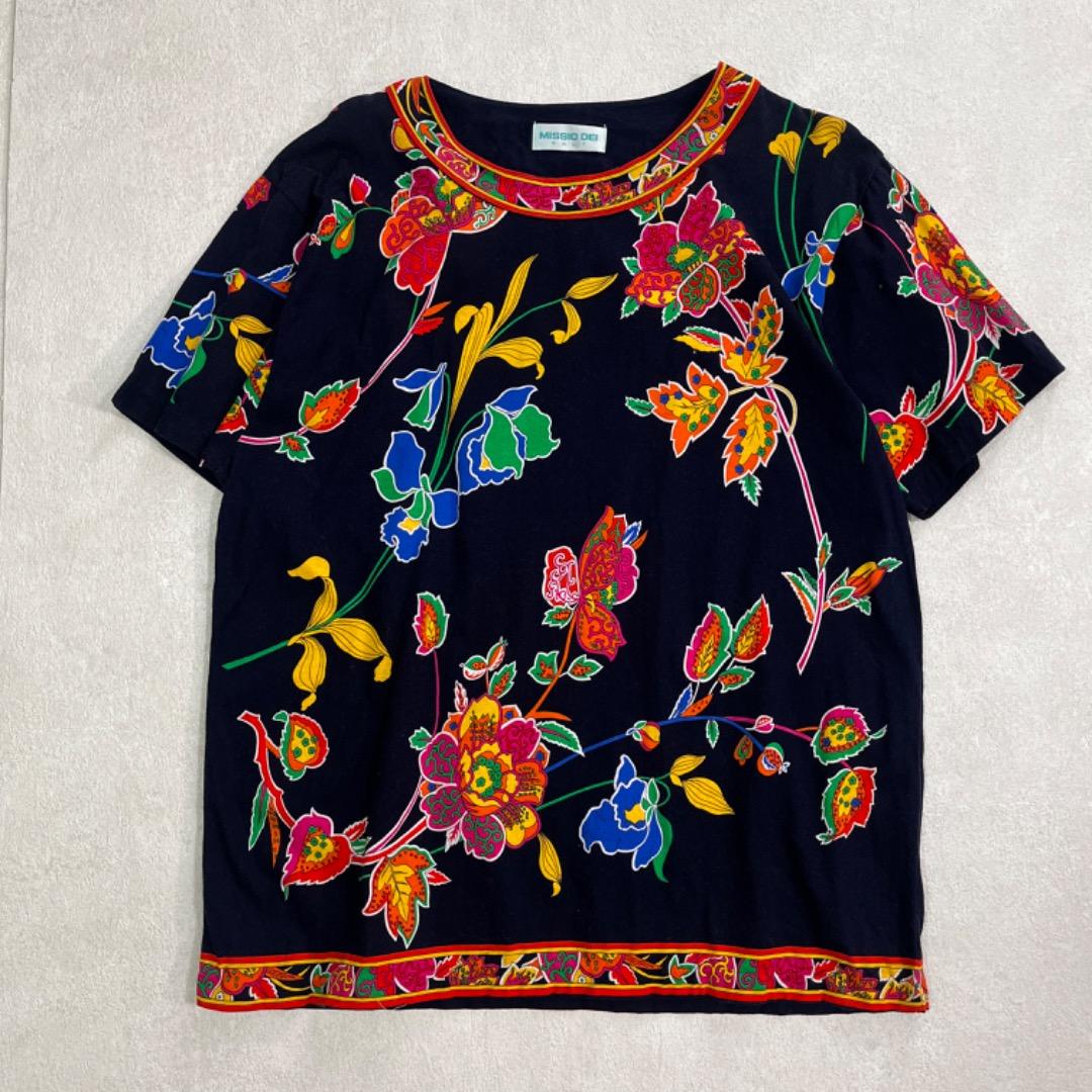 ネイビー コットン 綿 花柄 総柄 カットソー 半袖 華やか レオナール風