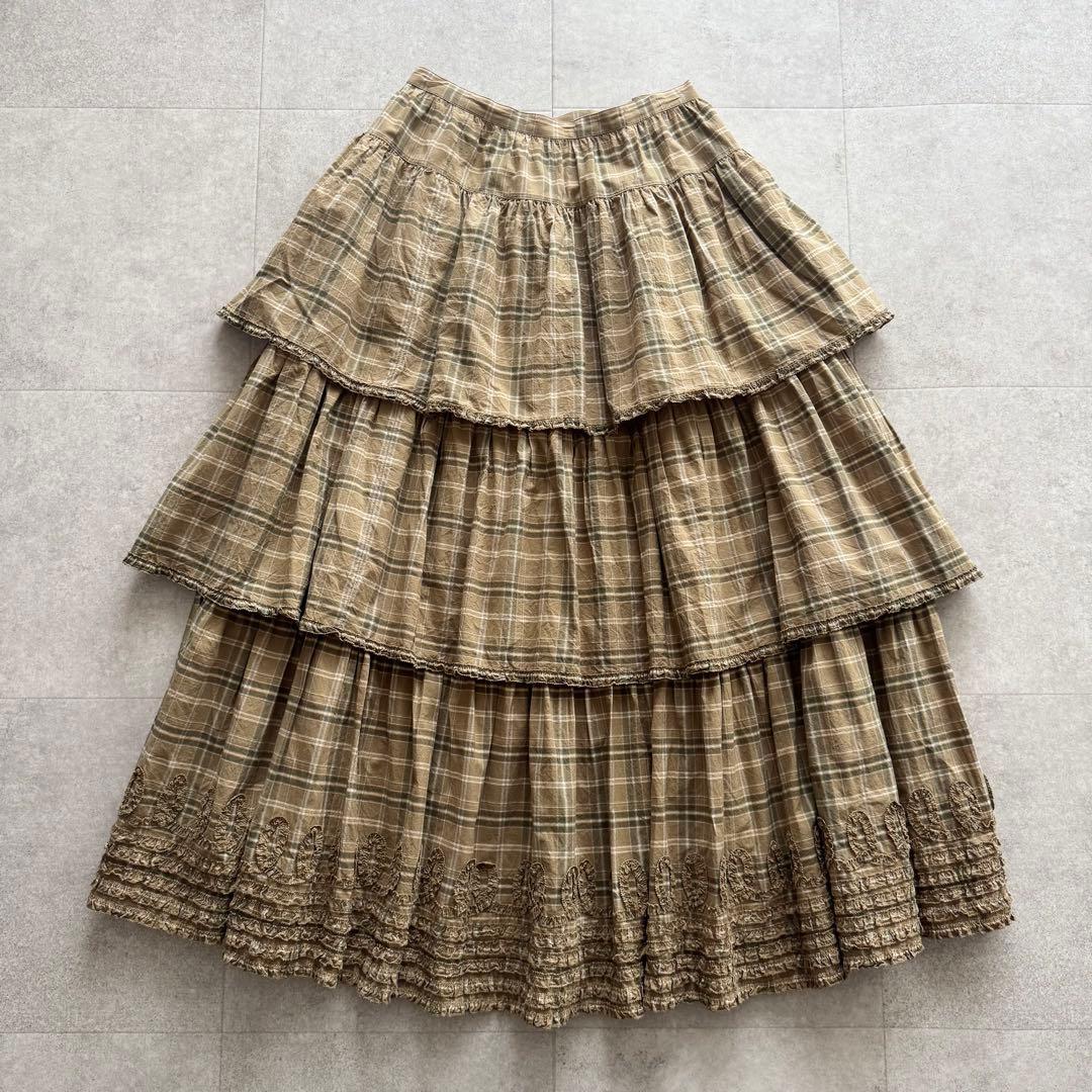 カネコイサオ ロングスカート 段々ティアード ピコフリル チェック柄