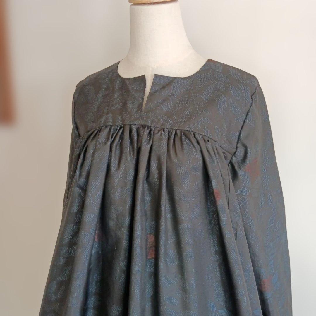 大島紬着物リメイク ギャザー切替ロングワンピースFreeesize No.42