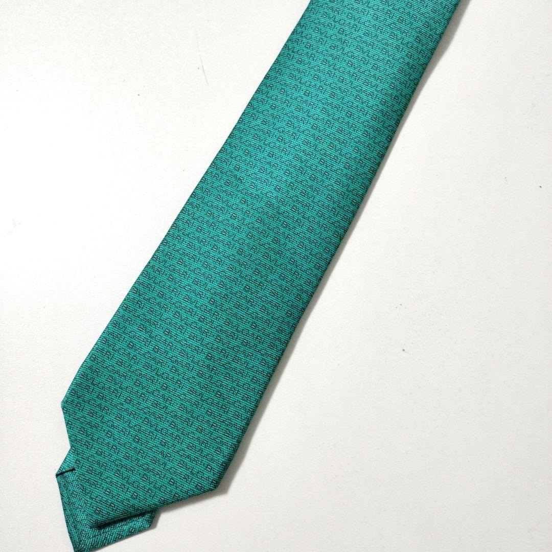 ブルガリ 総柄ネクタイ エメラルドグリーン系 セッテピエゲ Italy製 美