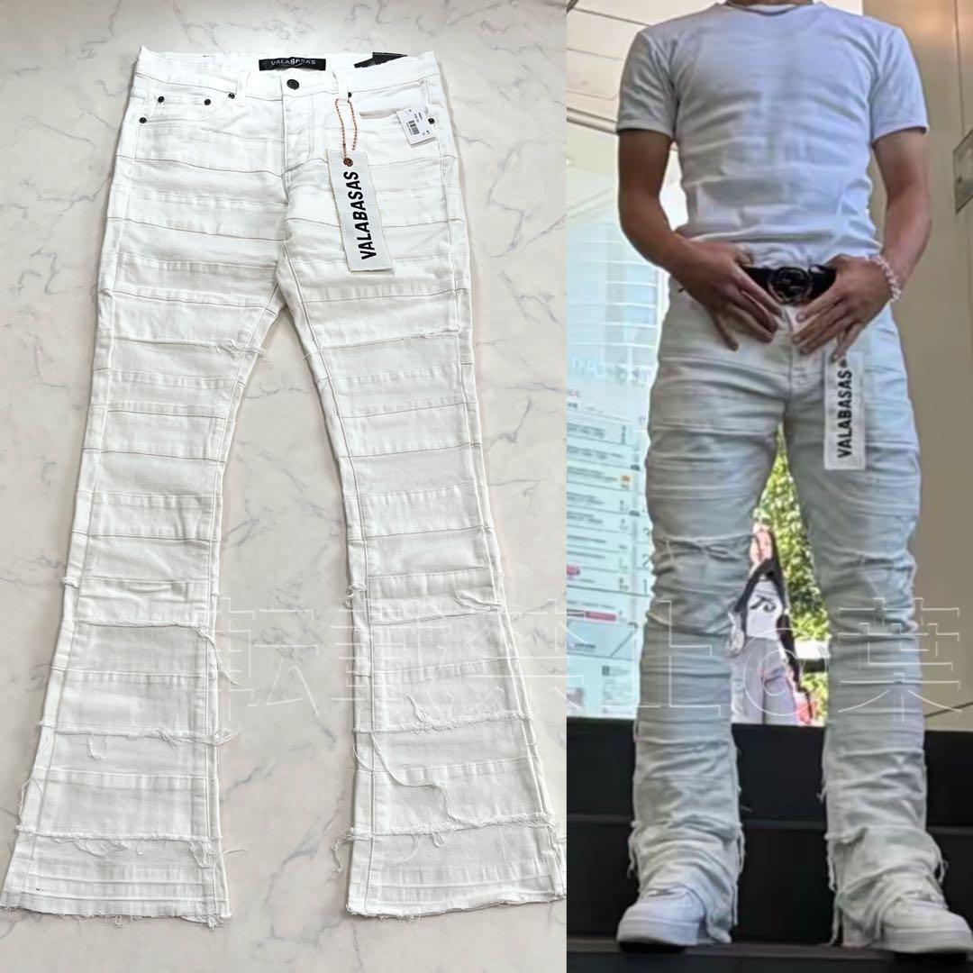 バラバサスvalabasas パネルダメージフレアスキニーデニム ホワイト 32