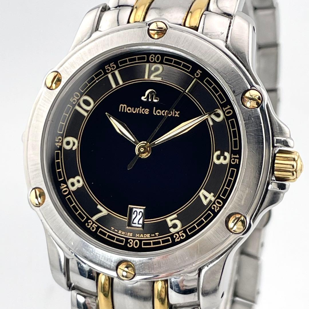 稼働/18K】モーリスラクロア デイト 腕時計 黒文字盤 メンズ コンビ