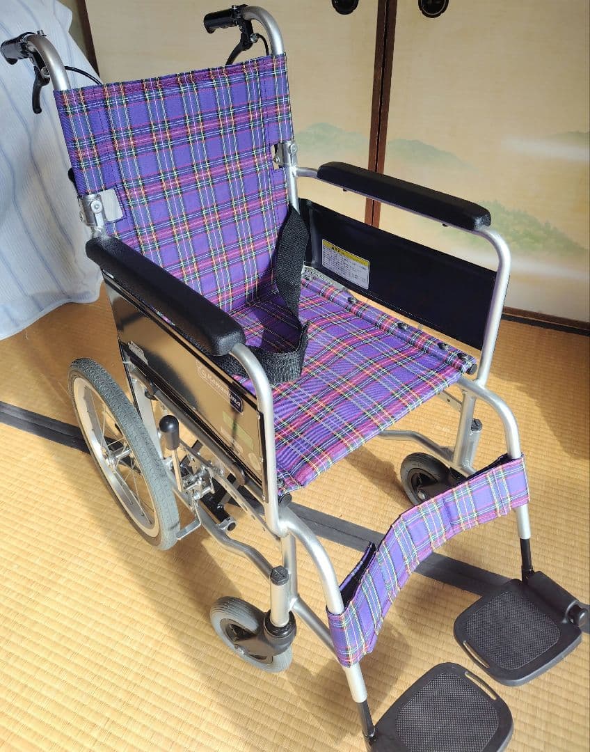 カワムラ KAJ402SB 紫色チェック柄 介助用車椅子 カワムラサイクル