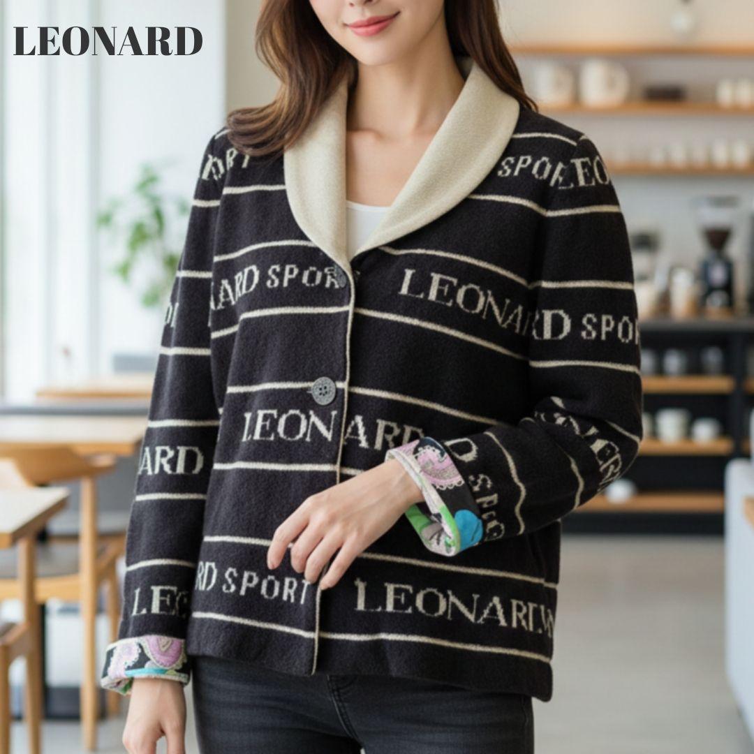 【美品】レオナール ロゴ ニットカーディガン 花柄 総柄 ブラウン 42 XL LEONARD レオナール ロゴ ニット カーディガン 花柄 総柄 ブラウン