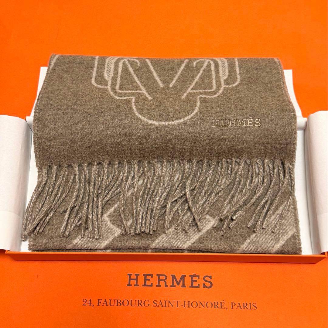新品　エルメス　カシミヤマフラー 《テット・ア・テット・エケストル》　ブラウン