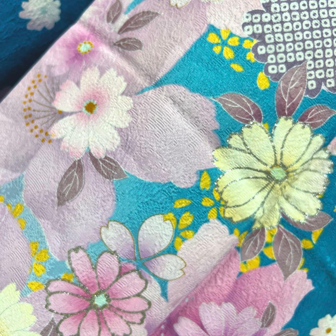 432 振袖フルセット 正絹 青緑 納戸色 桃 ブルーグリーン 銀彩 暈し