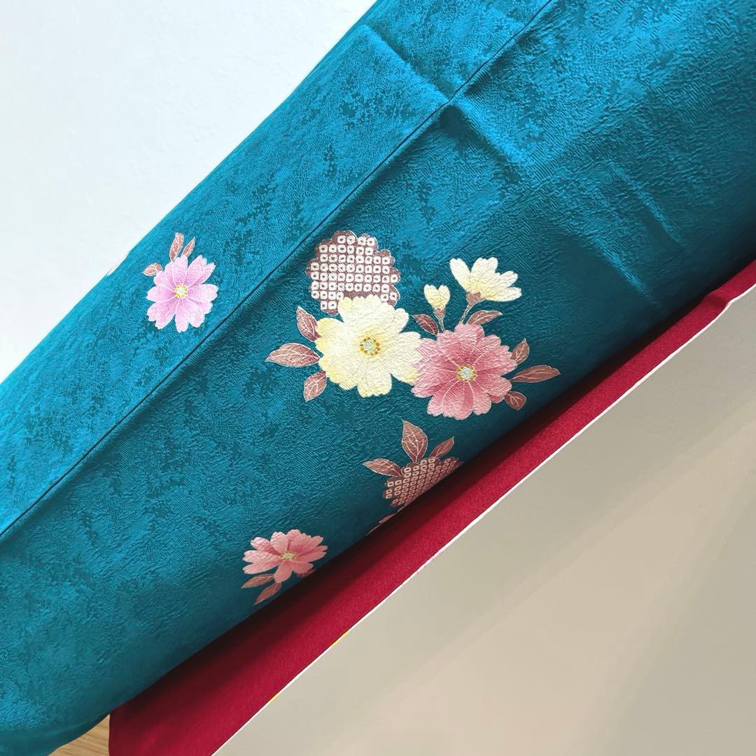 432 振袖フルセット 正絹 青緑 納戸色 桃 ブルーグリーン 銀彩 暈し