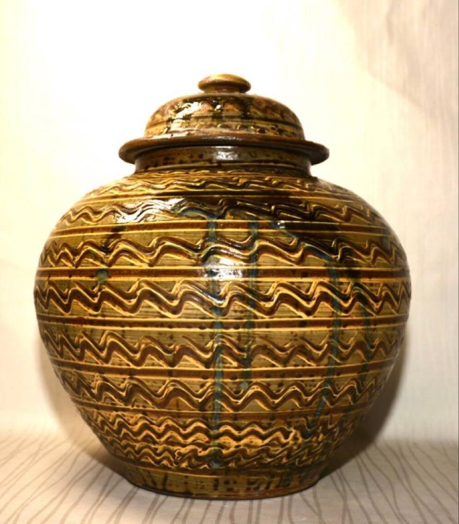 小鹿田焼 横縞櫛目緑釉打掛蓋付壺 29cm 未使用美品 民藝 28748_1_expand.jpg
