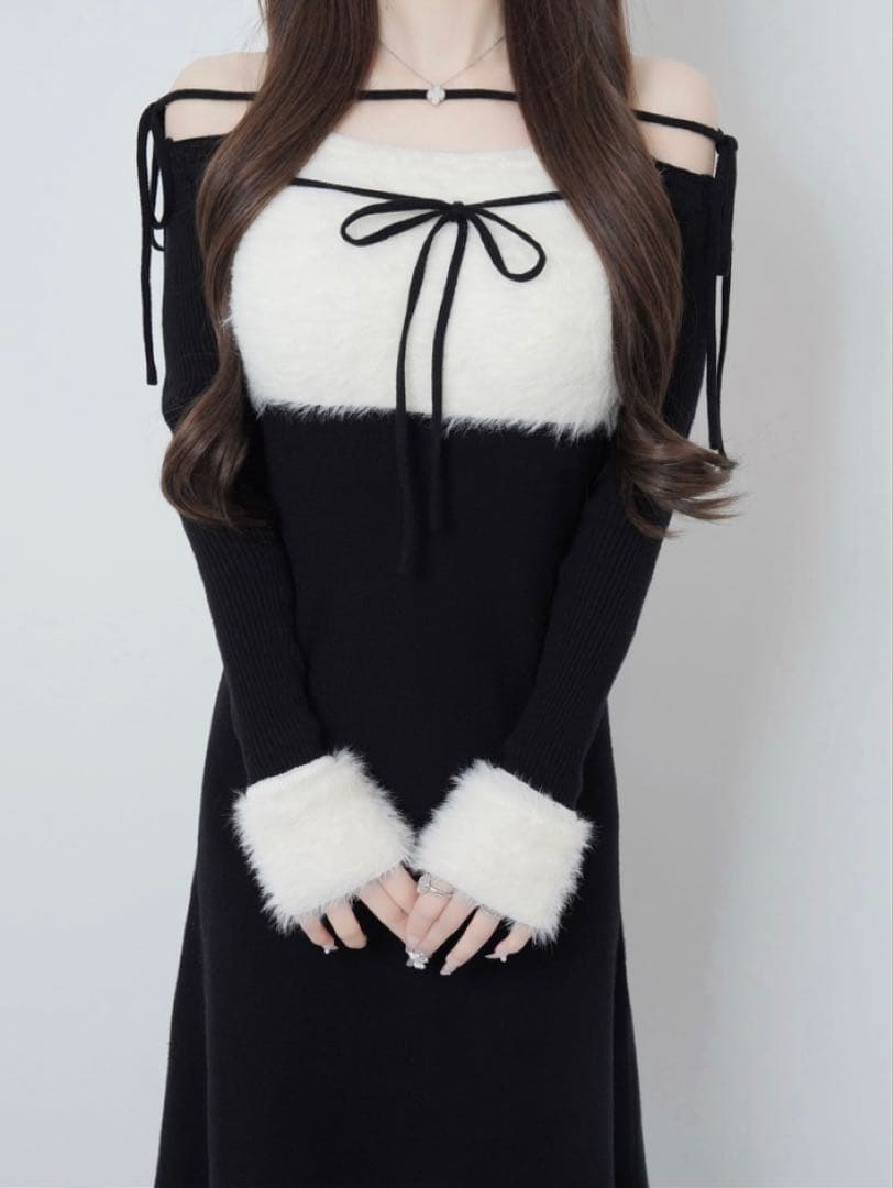 Lumignon Ribbon bust fluffy long op ブラック - メルカリ