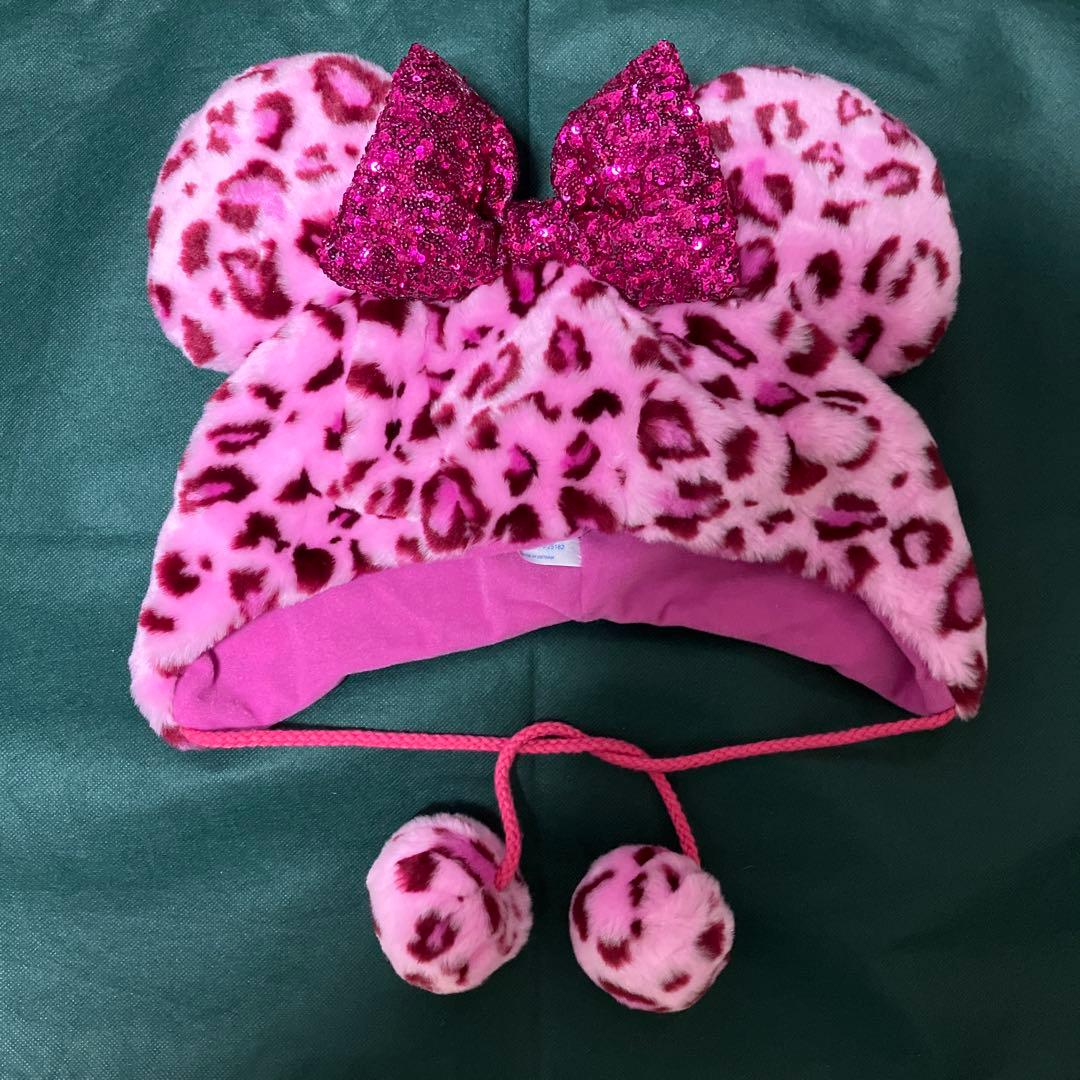 ディズニー　ミニー　ファンキャップ　ピンク　ヒョウ柄　スパンコール　リボン　帽子 美品】ディズニー ファンキャップ ミニーちゃん ヒョウ柄 ピンク