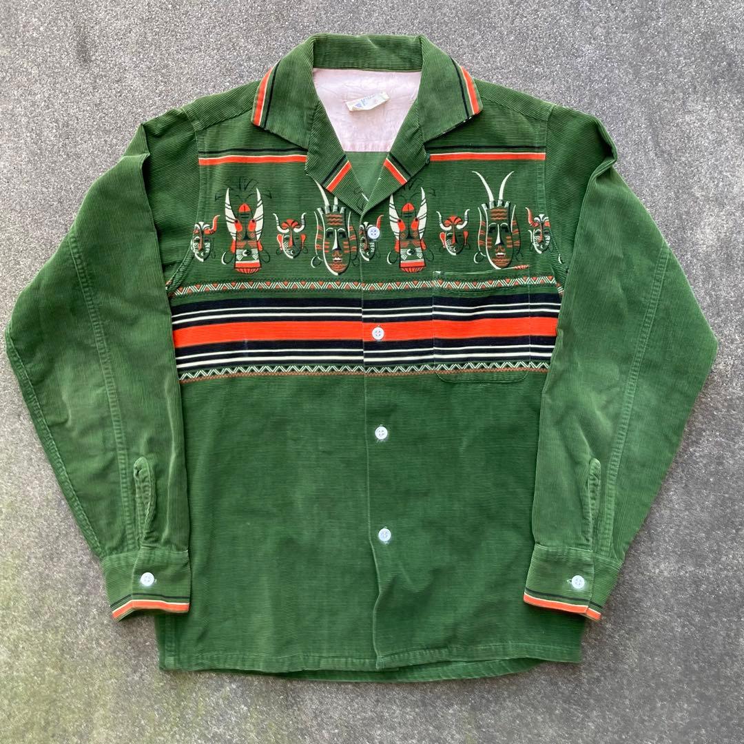 50s プリントコーデュロイ オープンカラーシャツネイティブ 仮面柄