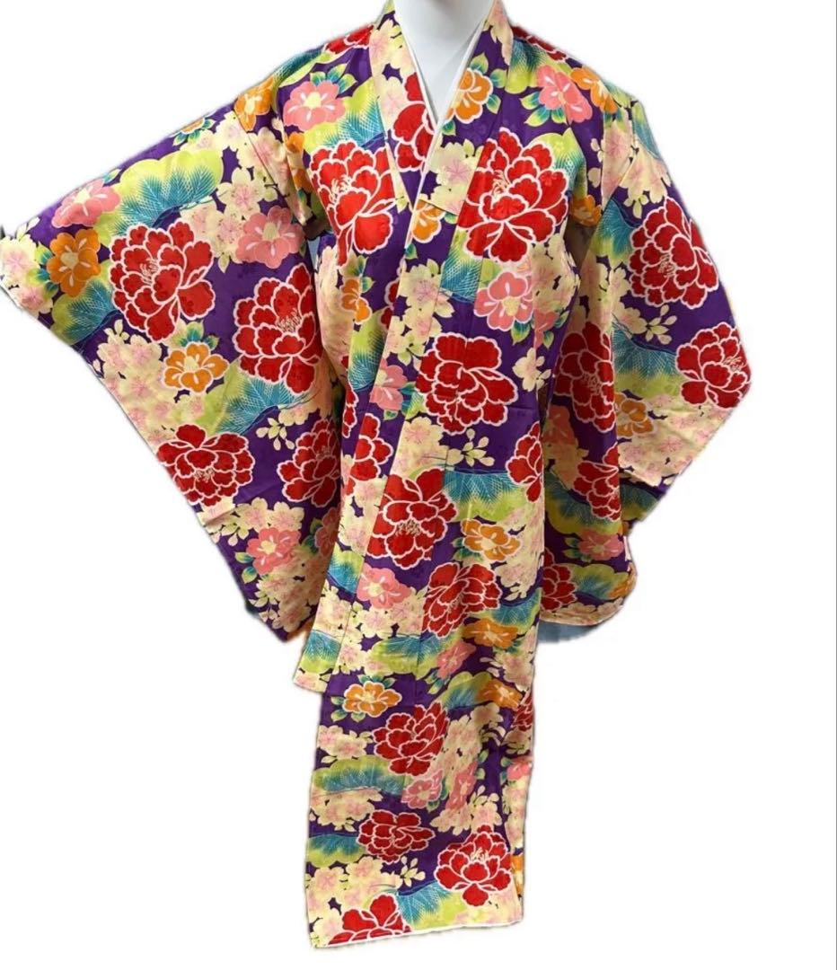 七五三 7歳祝い着用 子ども着物花柄 紫 赤 黄色 マルチカラー 晴れ着